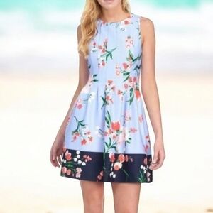 Vince Camuto blue floral print sleeveless dress pleat fit and flare dress